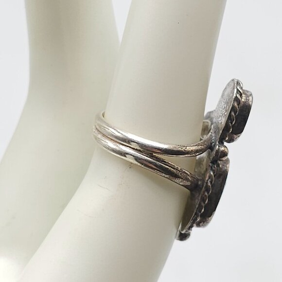 Vintage Sterling Silver Ring With Blue Turquoise Red Coral Stones Feather Size 5 - Picture 3 of 6